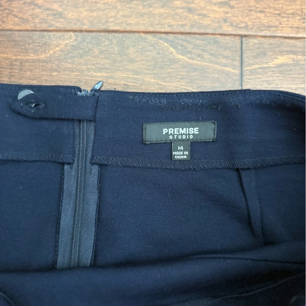 Premise Studio Navy Blue Stretch Pencil Skirt | Size 14 | Asymmetrical Drape